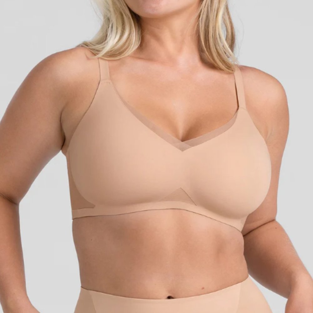 Honeylove CrossOver Bra Sand Beige Nude Mesh Wire-free Adjustable Straps Large